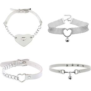 4 Pieces Personality Sweet Cool Leather Heart Love Collar Necklace Punk Metal Splicing Bell Pendant Neck Chain Collarbone Chain Lace Choker