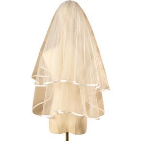 Short 2 Tier Tulle Lace Bridal Veil Ribbon Satin Edge Wedding Veils Elbow Length Bride Vails with Comb