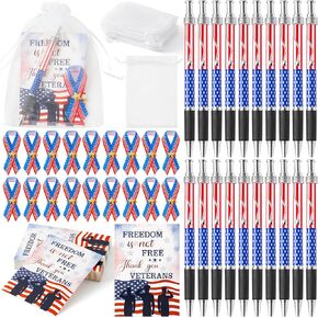 200Pcs Veterans Day American Flag Satin Ribbon Pin Loose, Veterans Greeting Card Ballpoint Pen with Organza Bag for Veterans Day Decoration USA Veterans Day Gift Bag