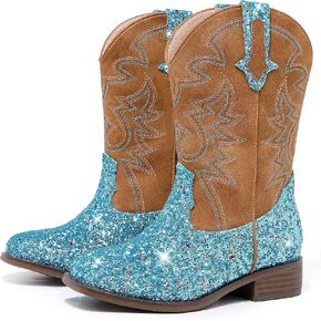 Girls Cowgirl Boots Mid Calf Square Toe Western Boot for Kids Glitter Cowboy Boot in Party for Toddler Little Big Girls Riding Shoes