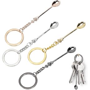 4PCS Mini Crown Spoon Keychain Pendant Necklace, Mini Spoon Teaspoon with King Queen Crown Pendant Key Ring for Filling Vials with Salts, Sand, Glitter (4 Color)