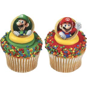 DecoPac Super Mario Rings, 24 Nintendo Cupcake Decorations Featuring Mario And Luigi, Cake Toppers For Birthday, Gaming, Party - 24 Pack