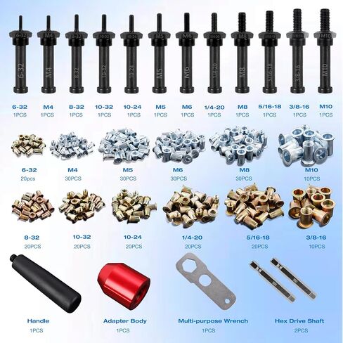YUZES Rivet Nut Tool Drill Adapter Kit, Labor-Saving Rivet Nut Gun Cordless with 12 Mandrels and 260 PCS Rivet Nuts, Rivnut Tool Kit for Nutsert, Cars, Metalwork, Home Improvement, DIY - 30 Series in Saudi Arabia