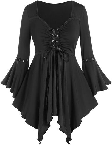 ROSE GAL Rosegal Women Plus Size Gothic Flare Sleeves Lace-up Two Tone Handkerchief Tee Halloween Costume Bell Sleeves Top in Kuwait