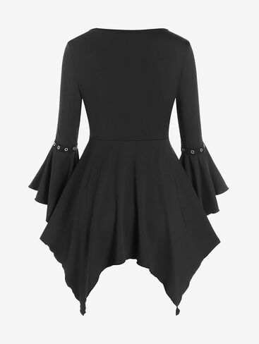 ROSE GAL Rosegal Women Plus Size Gothic Flare Sleeves Lace-up Two Tone Handkerchief Tee Halloween Costume Bell Sleeves Top in Kuwait