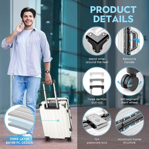 Hard Shell Zipperless Carry On Luggage Checked Suitcases, Aluminum Frame +PC With 4 360 Roller Spinner Wheels TSA Lock, For Men Women Travel Updated Version - 20 28 Inch 2 Pieces Sets White in Saudi Arabia