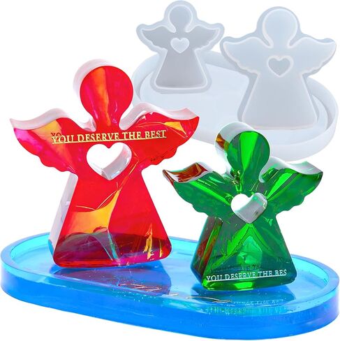 Resin Mold Silicone 2 Sizes Wing Angel Epoxy Resin Casting Molds with Oval Tray Cement Mould Set for DIY Christmas Ornaments Gifts Home Art Decoration Soap Plaster Candle Making Crafts Moulds Supplies in Saudi Arabia