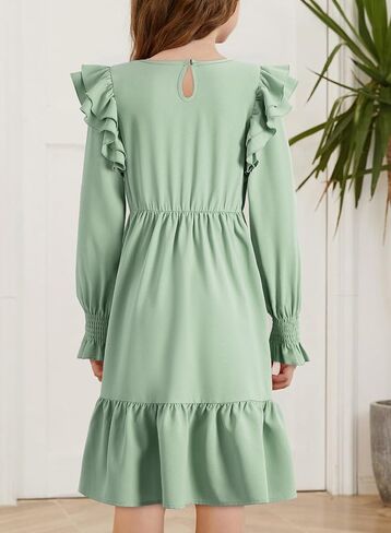 blibean Teen Girls Dress Kids Double Ruffle Long Sleeve Smocked Dresses Size 6-15 Years in Kuwait