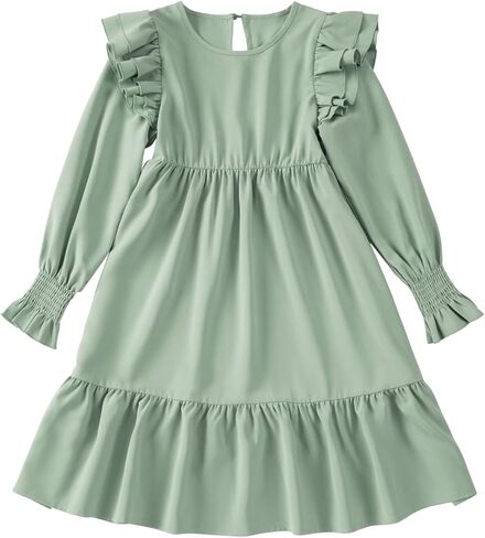 blibean Teen Girls Dress Kids Double Ruffle Long Sleeve Smocked Dresses Size 6-15 Years in Kuwait