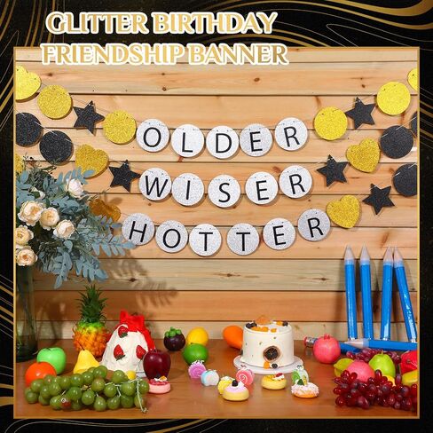 Set of 3 Friendship Bracelet Birthday Banner, 8.2 ft Pre-strung Older Wiser Hotter Party Decorations, Funny Glitter Birthday Banner for Women 30th 40th 50th 60th 70th 80th Birthday Sign in Saudi Arabia