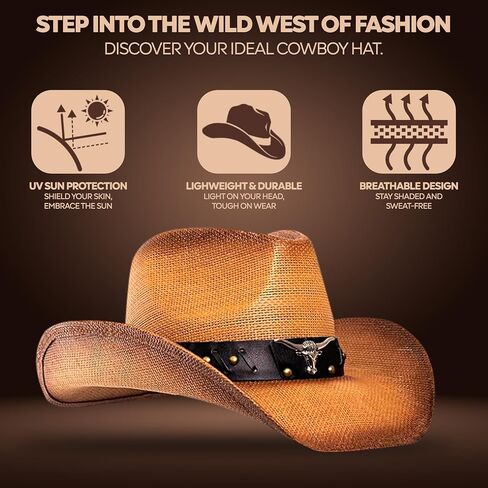 Cowboy Hat Men's Women's Classic Straw Cowgirl Hat - in Saudi Arabia