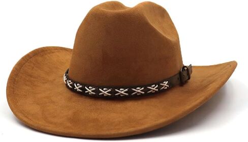 قبعة رعاة البقر الغربية من جلد الغزال للنساء والرجال بحافة واسعة قبعة رعاة البقر الكلاسيكية مع حزام مشبك قبعة فيدورا in Kuwait