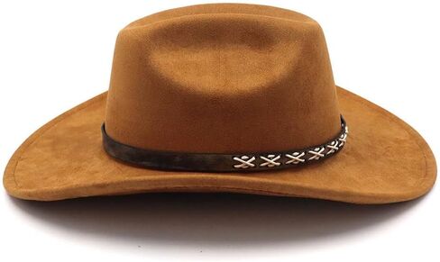 قبعة رعاة البقر الغربية من جلد الغزال للنساء والرجال بحافة واسعة قبعة رعاة البقر الكلاسيكية مع حزام مشبك قبعة فيدورا in Kuwait