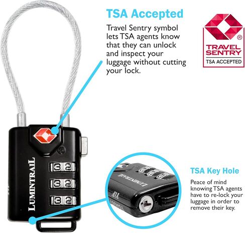 قفل Lumintrail مكون من 3 أرقام معتمد من إدارة أمن المواصلات الأمريكية، حزمة من 6 قطع مع عشرة كابلات بطول 4 أقدام in Kuwait