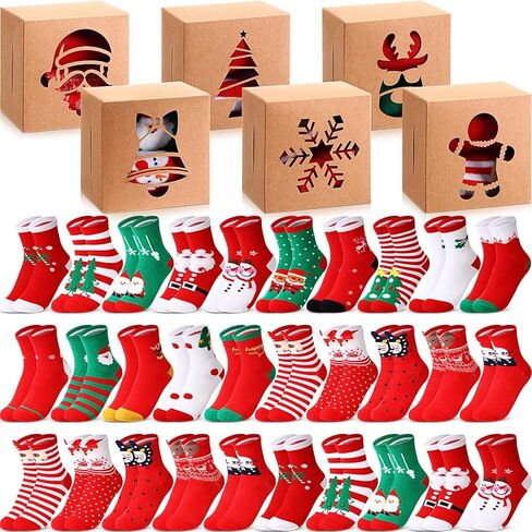 Operation Christmas Gift bulk items 30 Sets Kids Christmas Socks and 30 Pcs Kraft Boxes with Window for Xmas Party in Kuwait