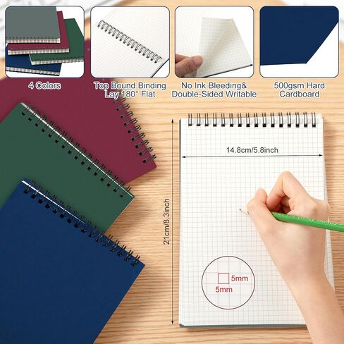 Graph Paper Spiral Notepad A5 Top Wirebound Notepad Grid Notebook Steno Pads Memo Notebook Grid Paper 140 Pages for Writing Sketching Drawing Office Supplies(Black,2 Pack) in Kuwait