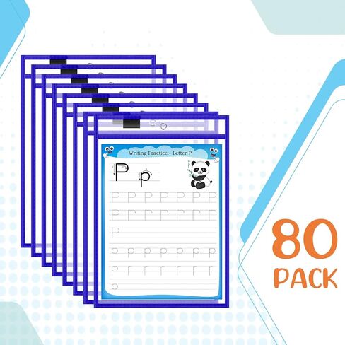 80 Pack Job Ticket Holders 9 x 12 Inch Reusable Dry Erase Pockets 8.5 x 11 Inch Tickets Shop Ticket Holders Plastic Clear Sleeves Hanging Sheet Protectors Work Order Office School Supplies (Blue) in Saudi Arabia