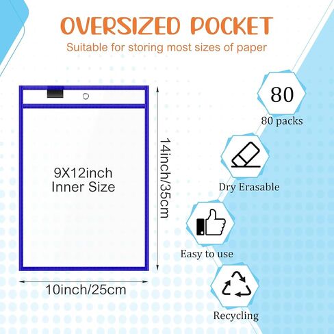 80 Pack Job Ticket Holders 9 x 12 Inch Reusable Dry Erase Pockets 8.5 x 11 Inch Tickets Shop Ticket Holders Plastic Clear Sleeves Hanging Sheet Protectors Work Order Office School Supplies (Blue) in Saudi Arabia
