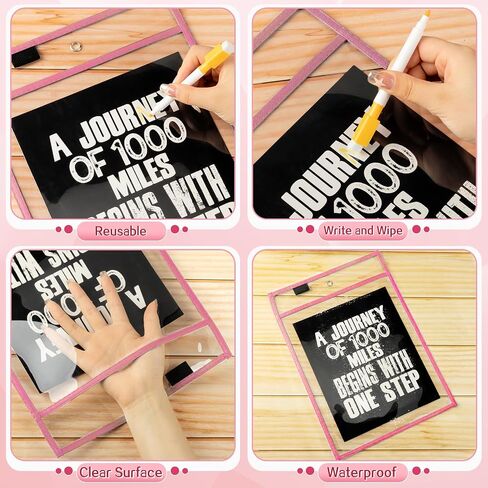 Seajan 120 Pcs Clear Dry Erase Pockets Plastic Sleeves for Paper 14 x 10 Inch Reusable Document Holder Shop Ticket Holders Dry Erase Pocket Organizer Teacher Supplies for Classroom (Black, White) in Saudi Arabia