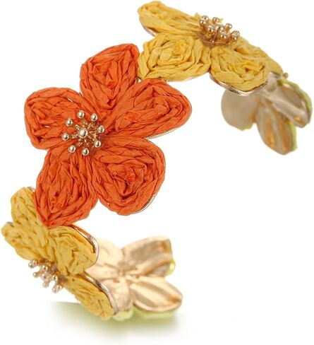 Raffia Flower Cuff Bracelet for Women, Floral Chunky Bangle Wide Open Cuff Statement Bracelet in Kuwait