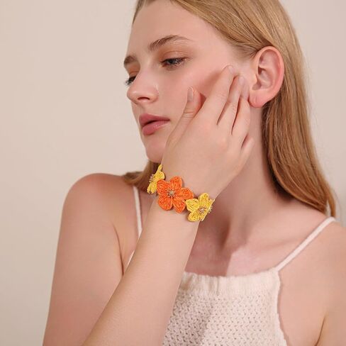 Raffia Flower Cuff Bracelet for Women, Floral Chunky Bangle Wide Open Cuff Statement Bracelet in Kuwait
