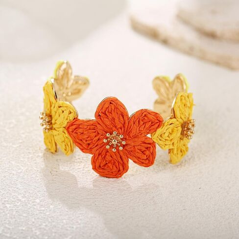 Raffia Flower Cuff Bracelet for Women, Floral Chunky Bangle Wide Open Cuff Statement Bracelet in Kuwait