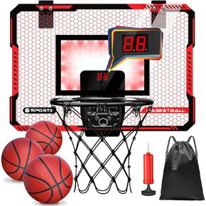 Indoor Basketball Hoops for Kids Over The Door Basketball Hoops Indoor LED Light Indoor Basketball Hoops with 3 Balls and Electronic Scoreboard Mini Basketball Hoop Toys Gifts for Boys (Deep red)