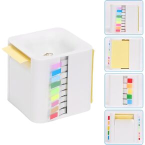 MEGREZ 5in 1 Cube Sticky Note Holder Memo Holder Note Box Post It Note Dispenser Paper Notepad Organizer Sticky Note Dispenser with Colorful Flat Tabs for Sticky Notes and Paper Clips (White)