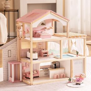 بيت الدمى الخشبي من ROBUD، بيت الدمى الخشبي المكون من 6 غرف مع مجموعة أثاث 29 قطعة، مصعد عمل، مرآب، حمام سباحة، هدية مثالية للأطفال بعمر 3 سنوات فما فوق (أسود حديث) in Kuwait