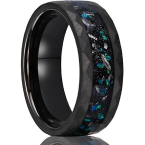 Black Tungsten Carbide Rings for Men Women 8mm Men's Engagement Wedding Bands Hammered Inlaid Green Opal Meteorites High Polish Matte Brushed