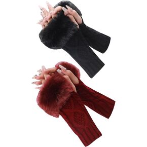 2 Pairs Women Winter Fingerless Gloves Knit Mittens Faux Fur Warm Thumbhole Arm Warmers for Typing Driving Writing