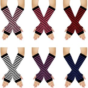 Fumwase 6 Pairs Women Long Fingerless Gloves Knit Winter Striped Arm Warmers Thumb Hole Stretchy Gloves