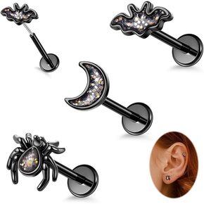 REVOLIA 3Pcs 16G Surgical Steel Halloween Cartilage Helix Earring for Women Threadless Push in Earrings Black Bat Spider Moon Tragus Labret Piercing Jewelry 6mm/8mm