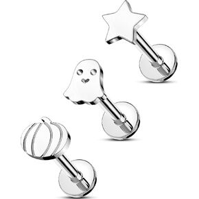 OUFER 3Pcs Helix Piercing Jewelry, Cute Halloween 316L Stainless Steel Cartilage Earring Flat Back, Star Ghost Pumpkin Internally Threaded Helix Cartilage Conch Tragus Earring for Women Men