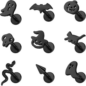 BodyAce 16G Halloween Tragus Piercing Jewelry، أقراط سوداء قوطية مسطحة الظهر الغضروف الحلزون الفص مسمار، شبح الجمجمة Labret ترصيع حلقات الشفاه الخفافيش اليقطين