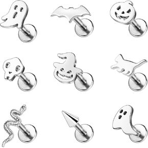 BodyAce 16G Halloween Tragus Piercing Jewelry, Black Gothic Flat Back Earrings Cartilage Helix Lobe Stud, Ghost Skull Labret Studs Pumpkin Bat Lip Rings