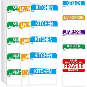 300 Count 3.5 x 2" Large Home Moving Packing Box Labels for 3-4 Bedroom House with Writable Notes Areas, 6 Color Coded Moving Labels for Boxes + Fragile Moving Stickers