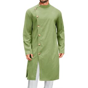 Runcati Mens Kaftan Thobe Button Down Long Sleeve Robe Casual Henley Shirt Cotton Muslim Gown Kurta Tops