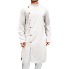 Runcati Mens Kaftan Thobe Button Down Long Sleeve Robe Casual Henley Shirt Cotton Muslim Gown Kurta Tops