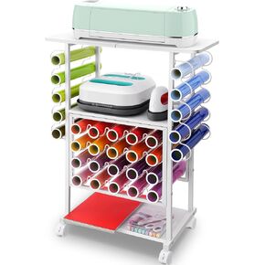 30 Vinyl Roll Holders for Cricut Cart, Organization and Storage Compatible with Cricut Maker Machine, Crafting Table Organization Workstation for Craft Room, 3 Tier Rolling Craft Cart for Small Spaces