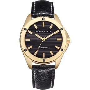Perry Ellis Solar Powered Mens Watch | Vegan Leather Water-Resistant Analog Wrist Watches for Men | 42mm Case | Relojes para Hombres | Elegant Gift for Man