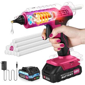 100W Cordless Hot Glue Gun Cordless & Rechargeable(Battery Included), 20V Pink Full Size Hot Glue Gun Kit with Charger, Wireless Hot Glue Gun Sticks Set with 12pcs 0.43'' Glue Sticks for Crafts & DIY