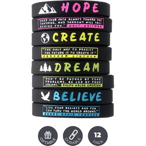 (12-Pack) Dream Believe Hope Create - Motivational Quote Bracelets in Bulk Lot Bundle of 12 Silicone Rubber Wrist Bands - Wholesale Inspirational Jewelry, Bulk Gifts and Party Favors for Adults