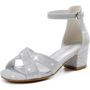 Girls Sandals Open Toe High Heels Fancy Dress Shoes Ankle Strap Chunky Block Heels Flower Girls Wedding Party Dressy Shoes for Toddler Little Big Kids