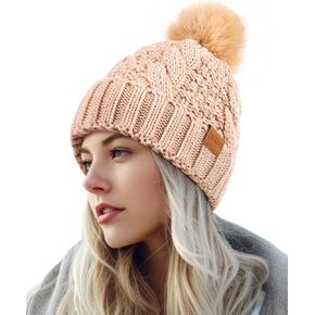 Women's Winter Pompom Beanie Warm and Cozy Knit Hat Fleece Lining Skull Cap for Women