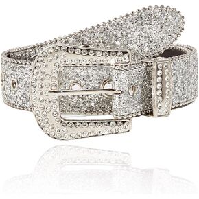 Silver Rhinestone Belt for Women Western Cowgirl Leather Belt with Fashion Silver Buckle for Jeans Pants