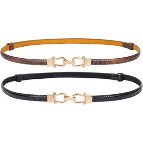 Skinny-Leather-Belt for Women Adjustable Classic Thin-Waist-Belts for Dresses - with Gold-Buckle