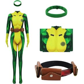 Rogue Costume Women Superhero Rogue Cosplay Green Bodysuit Zentai Jumpsuit with Headband Belt Halloween Outfits
