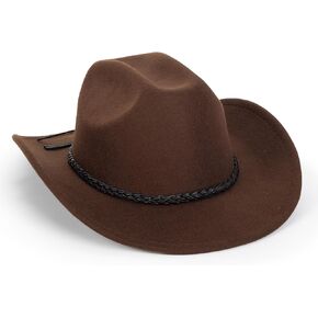Vintage Western Cowboy Hat for Men Women - Wide Brim Cowgirl Fedora Hats with Braided Rope Band M