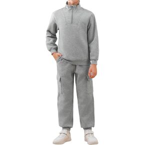 Haloumoning Boys 2 Piece Outfits Kids Half Zip High Neck Sweatshirts Drawstring Joggers Sets Thick Tracksuits 5-14 Years